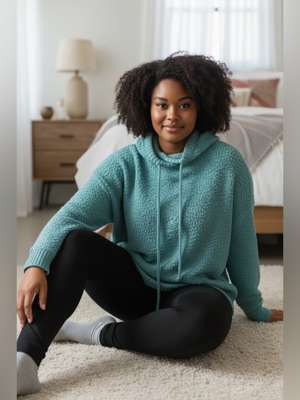 Zenana Outfitters Teal Bubble Knit Chenille Hoodie Sweater